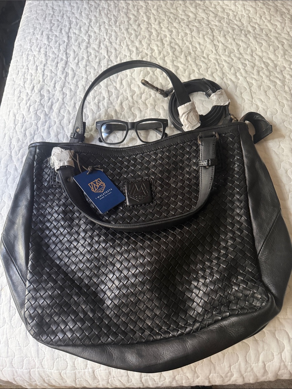 Woven Leather Shoulder Bag in Black by